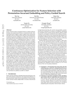 Continuous Optimization for Feature Selection with Permutation-Invariant Embedding and Policy-Guided Search