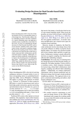 Evaluating Design Decisions for Dual Encoder-based Entity Disambiguation
