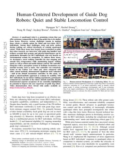 Human-Centered Development of Guide Dog Robots: Quiet and Stable Locomotion Control