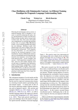 Class Distillation with Mahalanobis Contrast: An Efficient Training Paradigm for Pragmatic Language Understanding Tasks