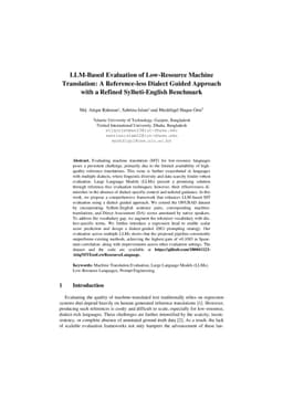 LLM-Based Evaluation of Low-Resource Machine Translation: A Reference-less Dialect Guided Approach with a Refined Sylheti-English Benchmark