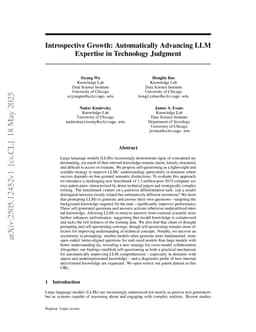 Introspective Growth: Automatically Advancing LLM Expertise in Technology Judgment