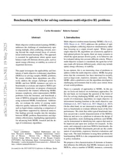 Benchmarking MOEAs for solving continuous multi-objective RL problems