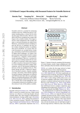 LLM-Based Compact Reranking with Document Features for Scientific Retrieval