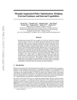 Thought-Augmented Policy Optimization: Bridging External Guidance and Internal Capabilities