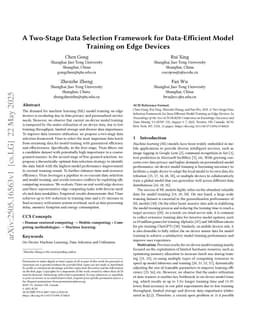 A Two-Stage Data Selection Framework for Data-Efficient Model Training on Edge Devices