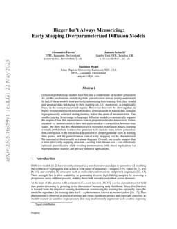 Bigger Isn't Always Memorizing: Early Stopping Overparameterized Diffusion Models