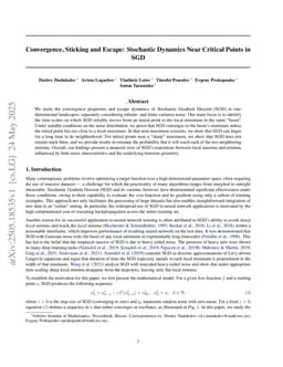 Convergence, Sticking and Escape: Stochastic Dynamics Near Critical Points in SGD