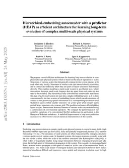 Hierarchical-embedding autoencoder with a predictor (HEAP) as efficient architecture for learning long-term evolution of complex multi-scale physical systems
