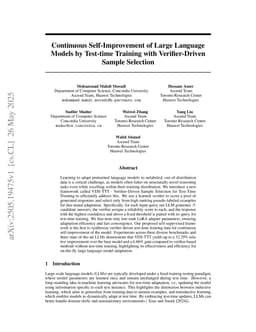 Continuous Self-Improvement of Large Language Models by Test-time Training with Verifier-Driven Sample Selection