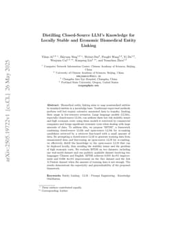 Distilling Closed-Source LLM's Knowledge for Locally Stable and Economic Biomedical Entity Linking