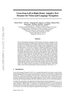 Cross from Left to Right Brain: Adaptive Text Dreamer for Vision-and-Language Navigation