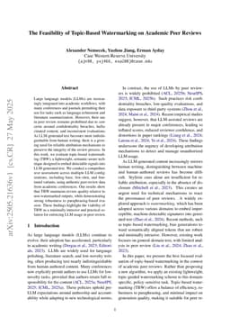 The Feasibility of Topic-Based Watermarking on Academic Peer Reviews