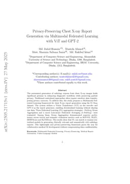 Privacy-Preserving Chest X-ray Report Generation via Multimodal Federated Learning with ViT and GPT-2