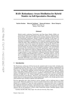 RAD: Redundancy-Aware Distillation for Hybrid Models via Self-Speculative Decoding