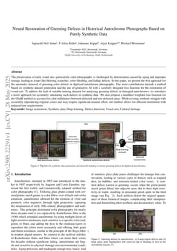 Neural Restoration of Greening Defects in Historical Autochrome Photographs Based on Purely Synthetic Data