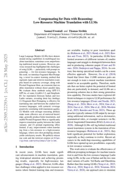 Compensating for Data with Reasoning: Low-Resource Machine Translation with LLMs