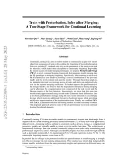 Train with Perturbation, Infer after Merging: A Two-Stage Framework for Continual Learning