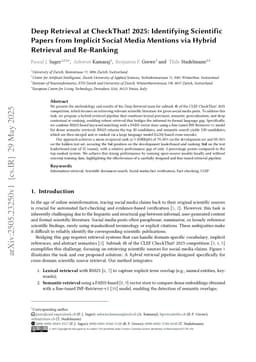 Deep Retrieval at CheckThat! 2025: Identifying Scientific Papers from Implicit Social Media Mentions via Hybrid Retrieval and Re-Ranking