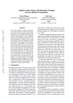Adaptive LoRA Merge with Parameter Pruning for Low-Resource Generation