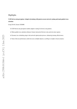 CLIP-driven rain perception: Adaptive deraining with pattern-aware network routing and mask-guided cross-attention