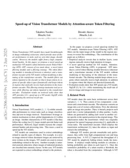 Speed-up of Vision Transformer Models by Attention-aware Token Filtering
