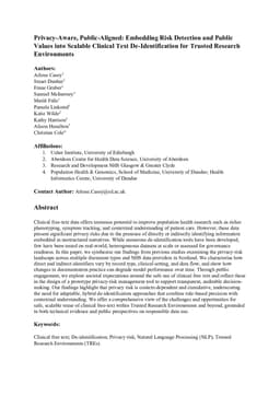 Privacy-Aware, Public-Aligned: Embedding Risk Detection and Public Values into Scalable Clinical Text De-Identification for Trusted Research Environments