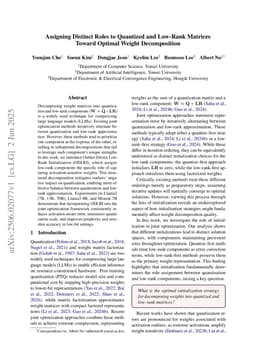 Assigning Distinct Roles to Quantized and Low-Rank Matrices Toward Optimal Weight Decomposition