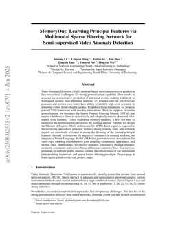 MemoryOut: Learning Principal Features via Multimodal Sparse Filtering Network for Semi-supervised Video Anomaly Detection