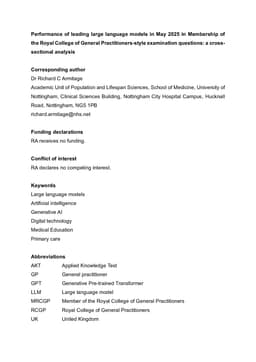 Performance of leading large language models in May 2025 in Membership of the Royal College of General Practitioners-style examination questions: a cross-sectional analysis