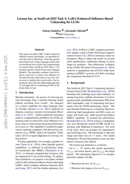 Lacuna Inc. at SemEval-2025 Task 4: LoRA-Enhanced Influence-Based Unlearning for LLMs