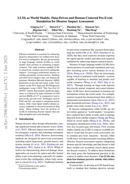 LLMs as World Models: Data-Driven and Human-Centered Pre-Event Simulation for Disaster Impact Assessment