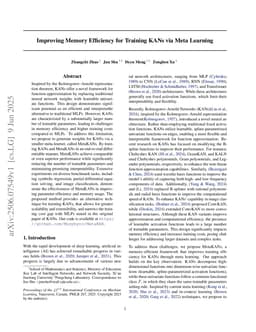 Improving Memory Efficiency for Training KANs via Meta Learning