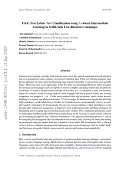 Flick: Few Labels Text Classification using K-Aware Intermediate Learning in Multi-Task Low-Resource Languages