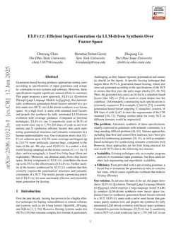 ELFuzz: Efficient Input Generation via LLM-driven Synthesis Over Fuzzer Space