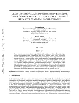 Class-Incremental Learning for Honey Botanical Origin Classification with Hyperspectral Images: A Study with Continual Backpropagation