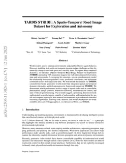 TARDIS STRIDE: A Spatio-Temporal Road Image Dataset and World Model for Autonomy