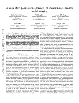 A correlation-permutation approach for speech-music encoders model merging