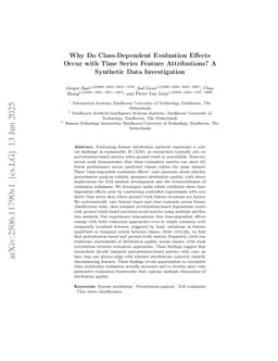 Why Do Class-Dependent Evaluation Effects Occur with Time Series Feature Attributions? A Synthetic Data Investigation
