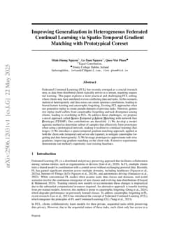 Improving Generalization in Heterogeneous Federated Continual Learning via Spatio-Temporal Gradient Matching with Prototypical Coreset