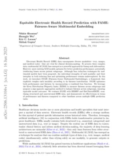 Equitable Electronic Health Record Prediction with FAME: Fairness-Aware Multimodal Embedding