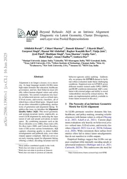 Alignment Quality Index (AQI) : Beyond Refusals: AQI as an Intrinsic Alignment Diagnostic via Latent Geometry, Cluster Divergence, and Layer wise Pooled Representations