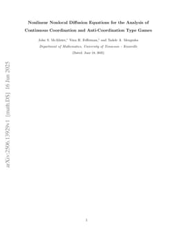 Nonlinear Nonlocal Diffusion Equations for the Analysis of Continuous Coordination and Anti-Coordination Type Games