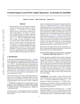Constant Stepsize Local GD for Logistic Regression: Acceleration by Instability
