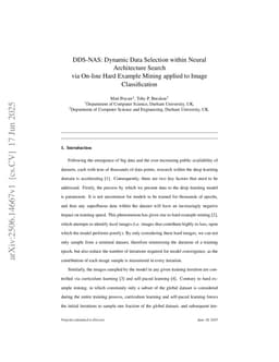 DDS-NAS: Dynamic Data Selection within Neural Architecture Search via On-line Hard Example Mining applied to Image Classification